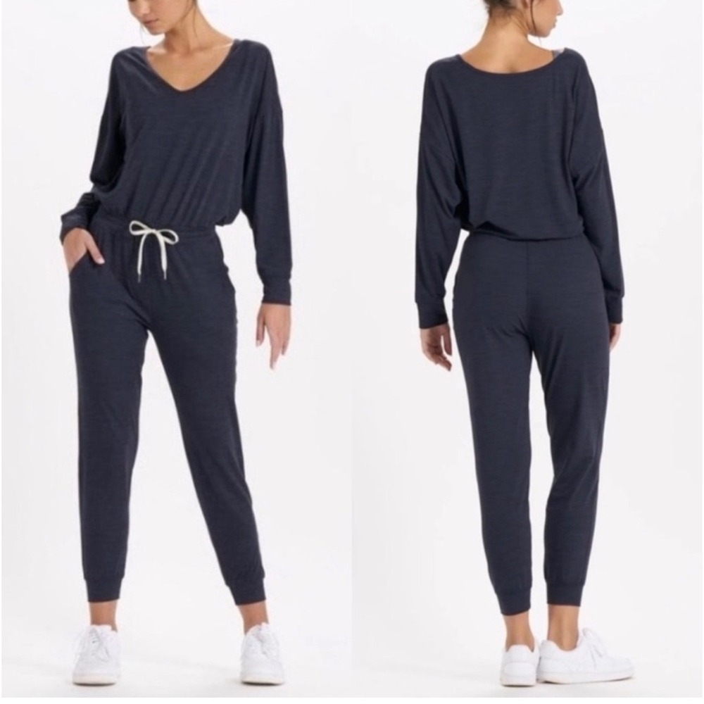 Vuori Womens Performance Jumpsuit Navy Blue V-Neck Long Sleeve Jogger Drawstring
